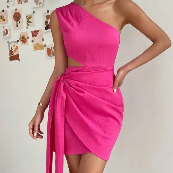 Pink Preppy Womens One Shoulder Cut Out Knot Side Wrap Hem Dress - Picture 5 of 5